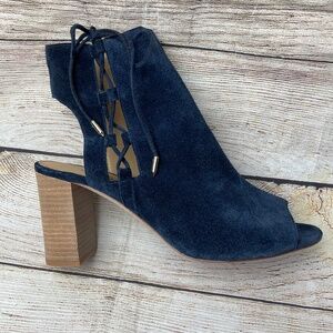 Vaneli Blue Suede Peep Toe Chunky Wood Heels Slingback Sandal Booties Size 10